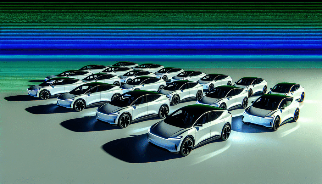 Række af futuristiske elektriske biler med aerodynamisk design opstillet på en skinnende overflade.