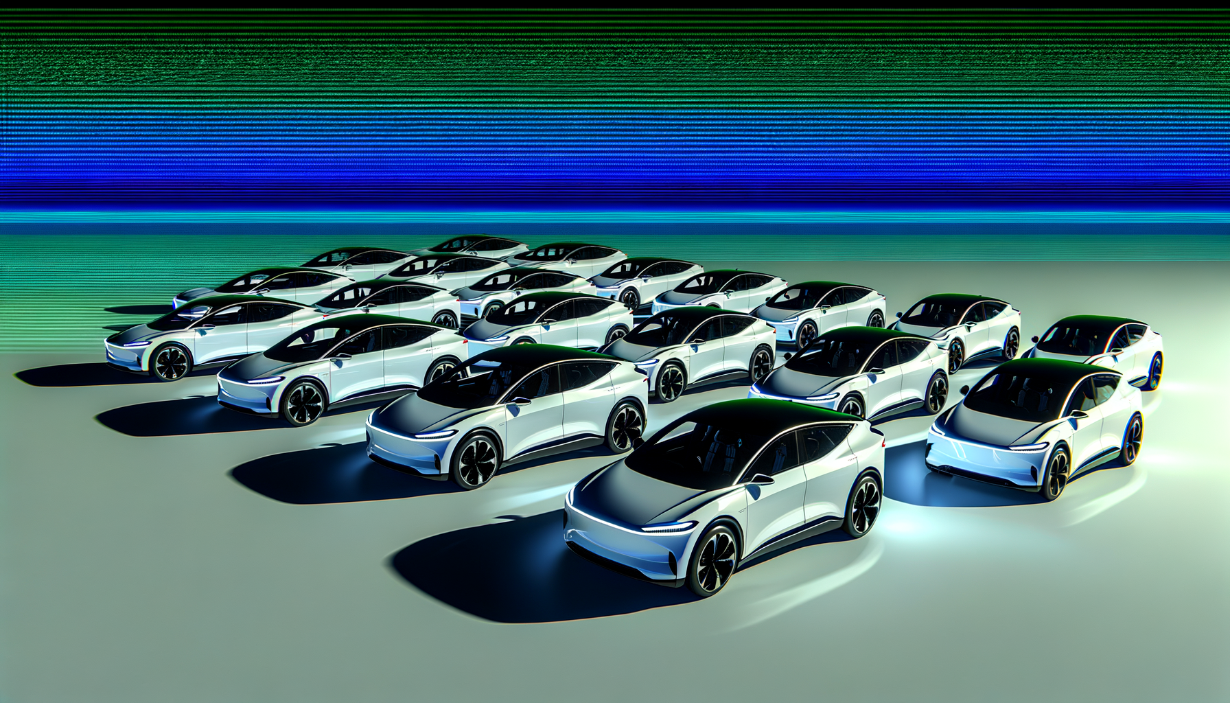 Række af futuristiske elektriske biler med aerodynamisk design opstillet på en skinnende overflade.