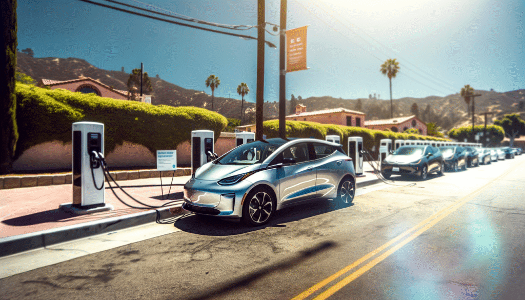 Elektrisk bil oplader ved Tesla ladestation i solrigt landskab