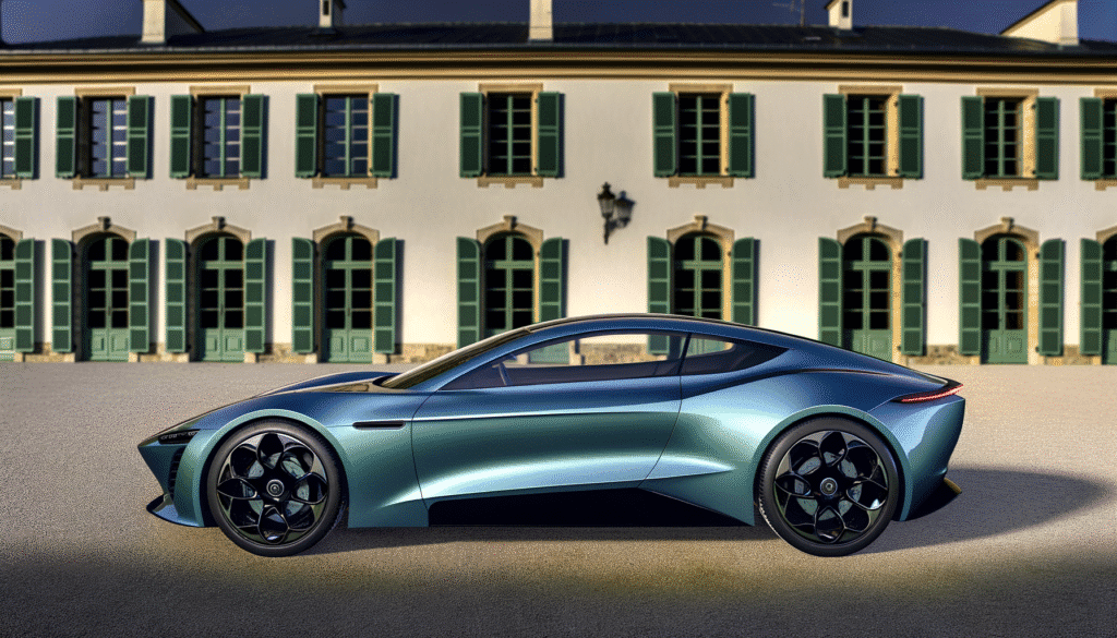 Sideprofil af en moderne elektrisk sportsvogn foran en klassisk bygning