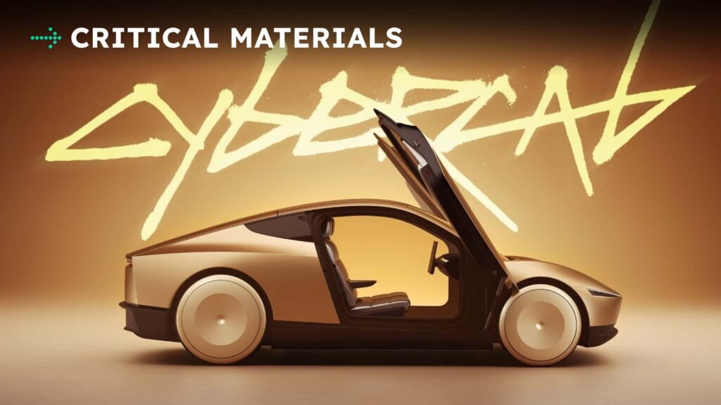 Futuristisk Tesla-køretøj med opadgående døre i gylden nuance mod baggrund med teksten 'Cybercar'.