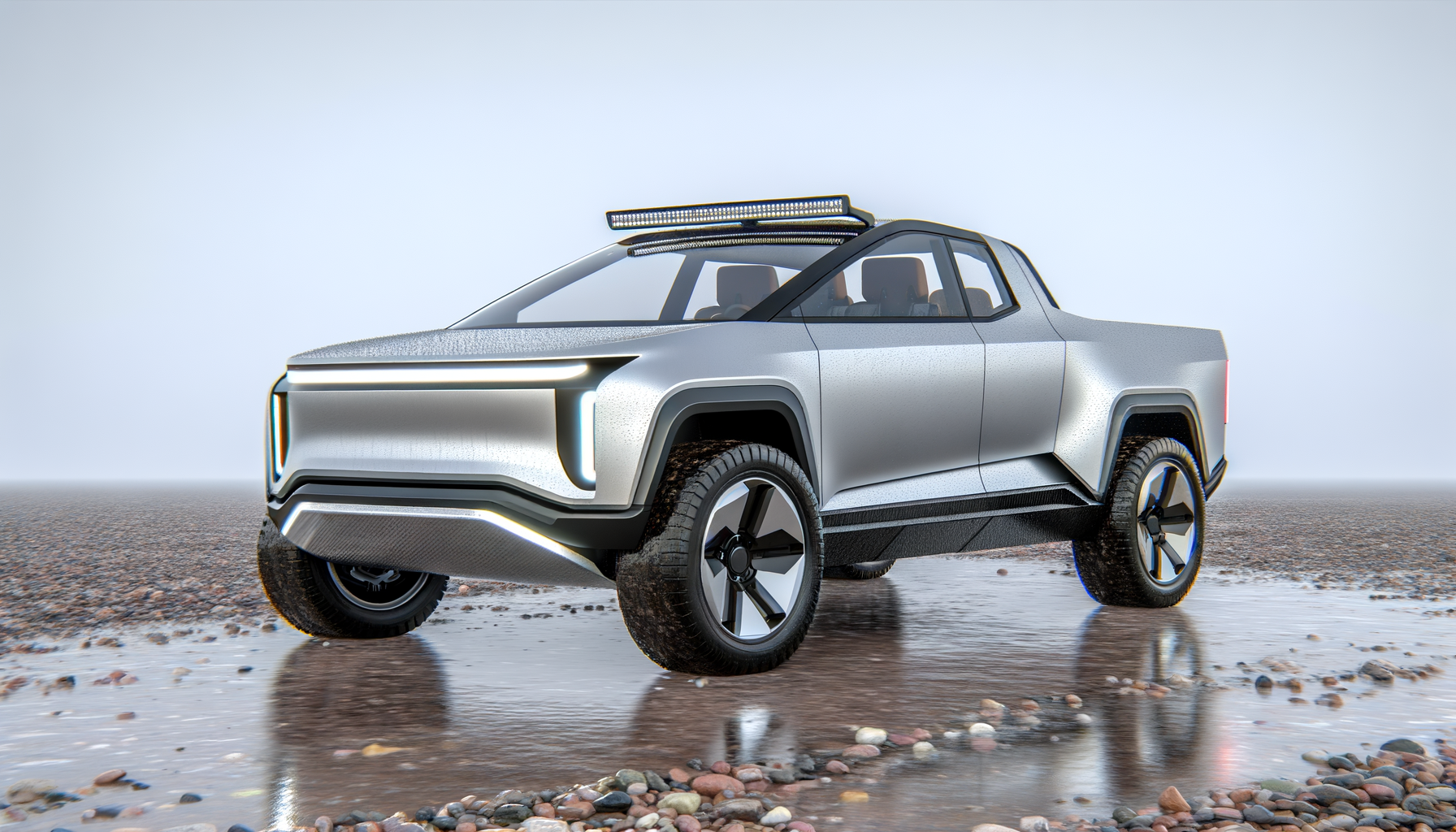 Futuristisk elektrisk truck med moderne design på en stenet overflade