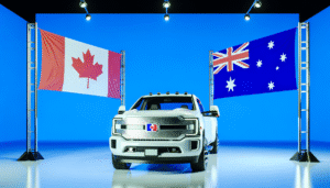 Hvid pickup-truck med canadisk og australsk flag i baggrunden