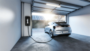 Elbil oplader i garage med solpaneler i baggrunden