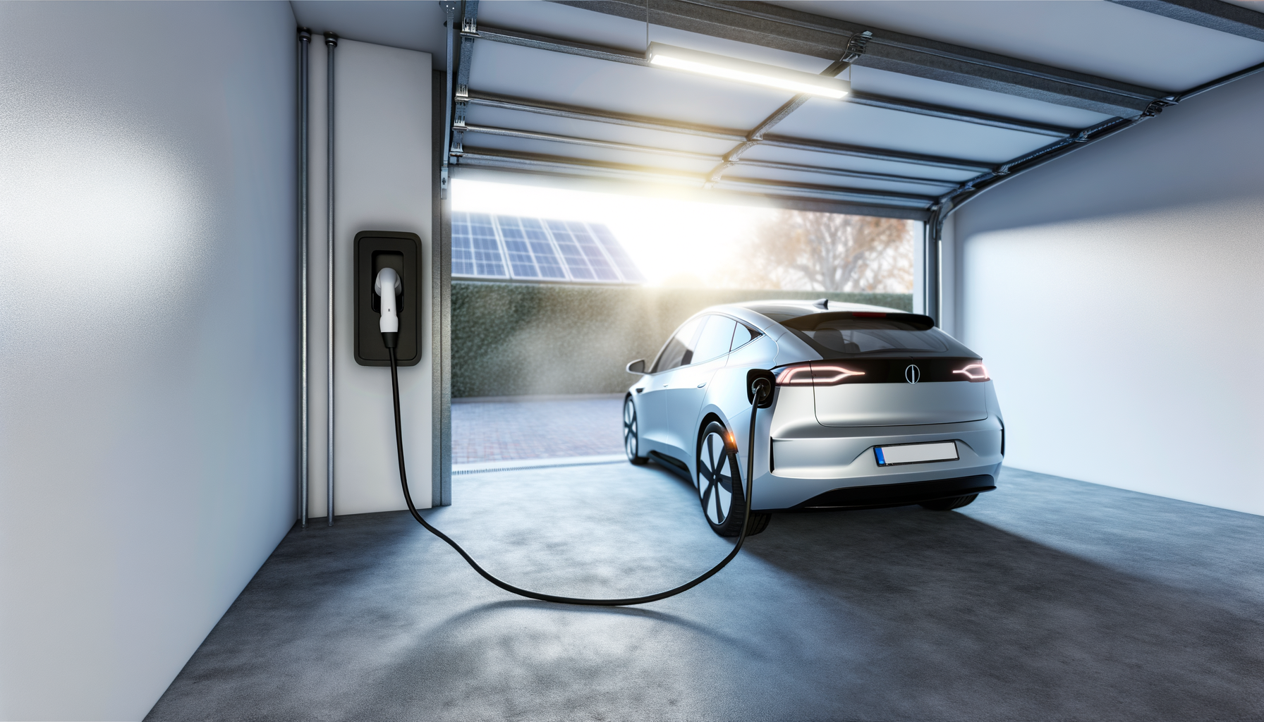 Elbil oplader i garage med solpaneler i baggrunden