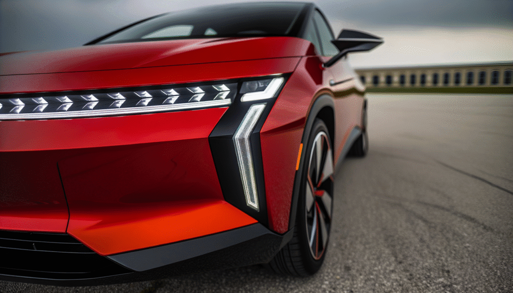 Nærbillede af en rød elektrisk bil med futuristisk forlygte design