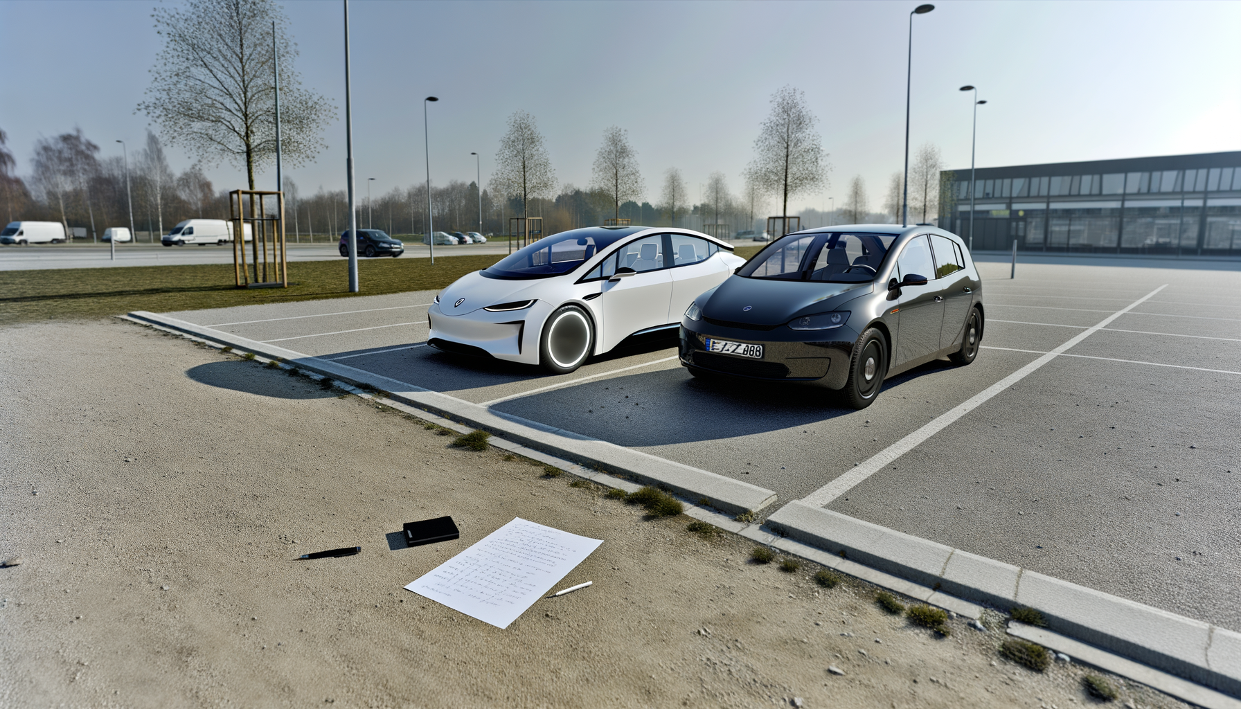 To elektriske biler parkeret på en stille parkeringsplads med moderne design.