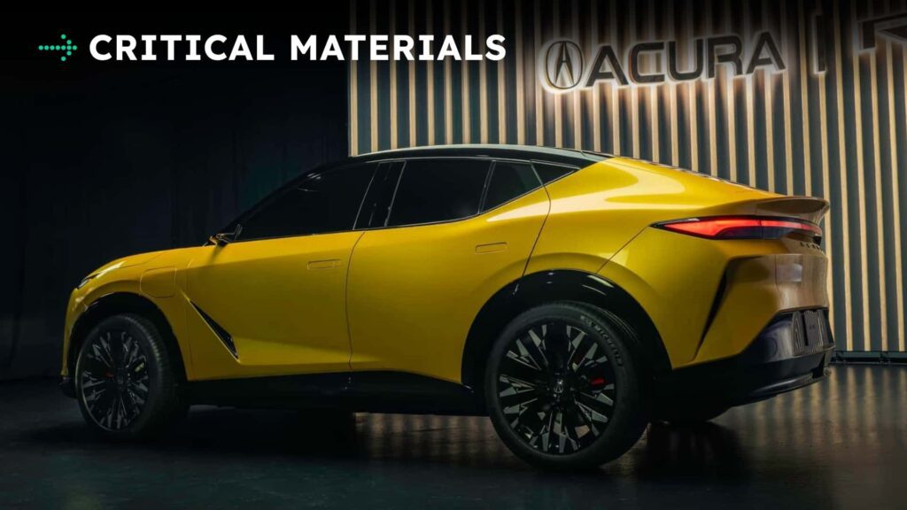 Gul elbil i moderne design under Acura logo