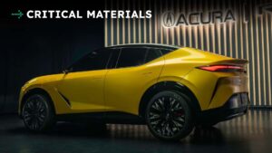 Gul elbil i moderne design under Acura logo