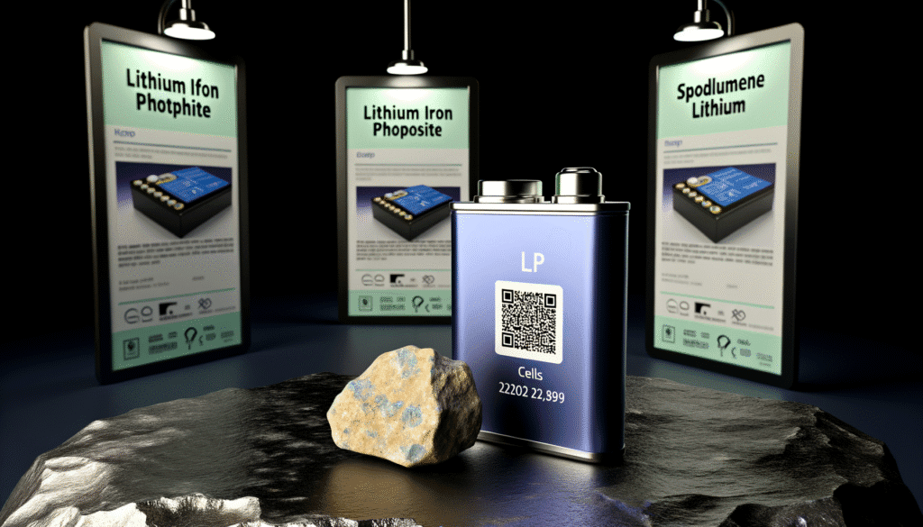 Nærbillede af en avanceret battericelle ved siden af en sten, med informationsskilte om lithiummaterialer i baggrunden.