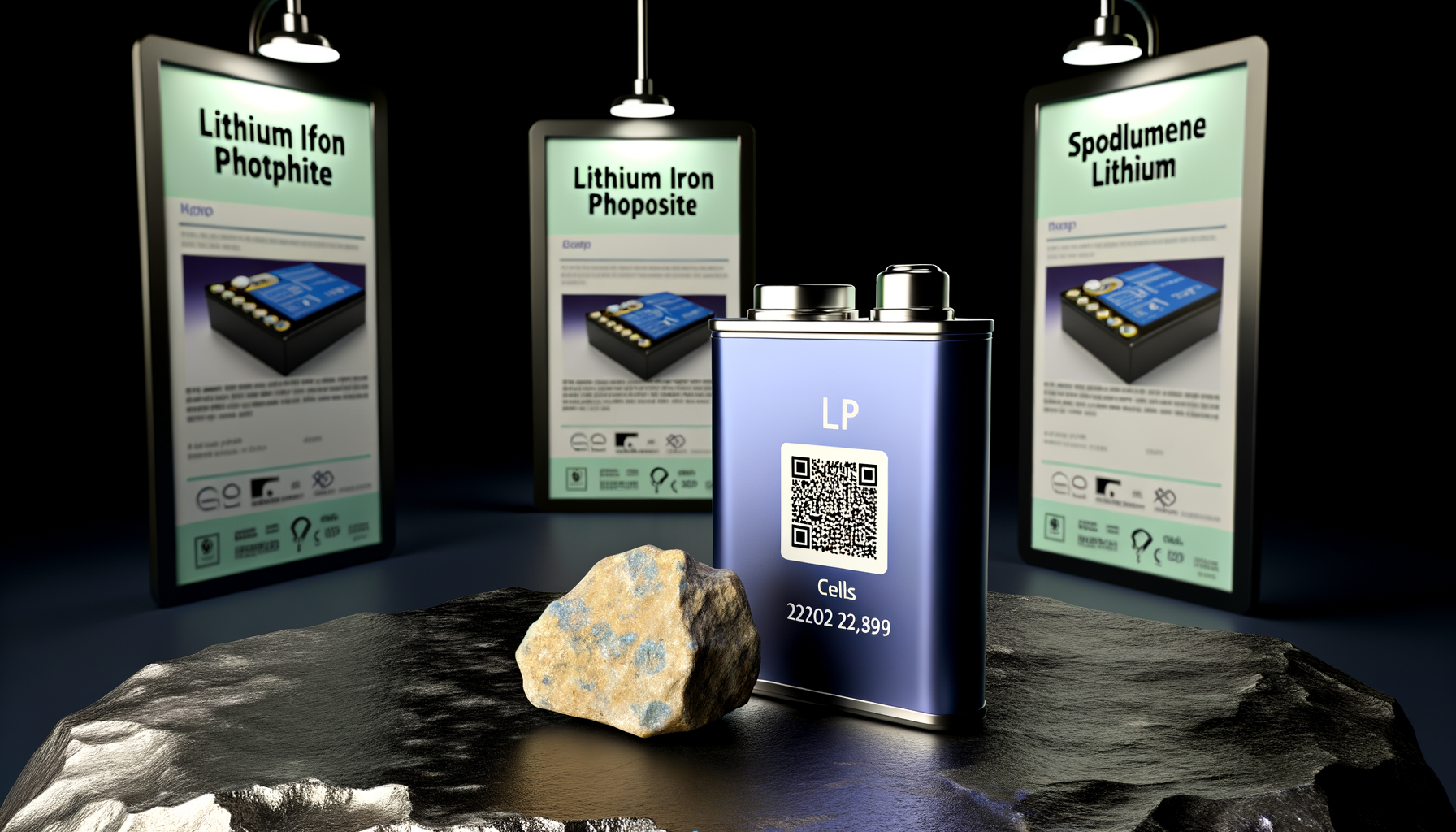 Nærbillede af en avanceret battericelle ved siden af en sten, med informationsskilte om lithiummaterialer i baggrunden.