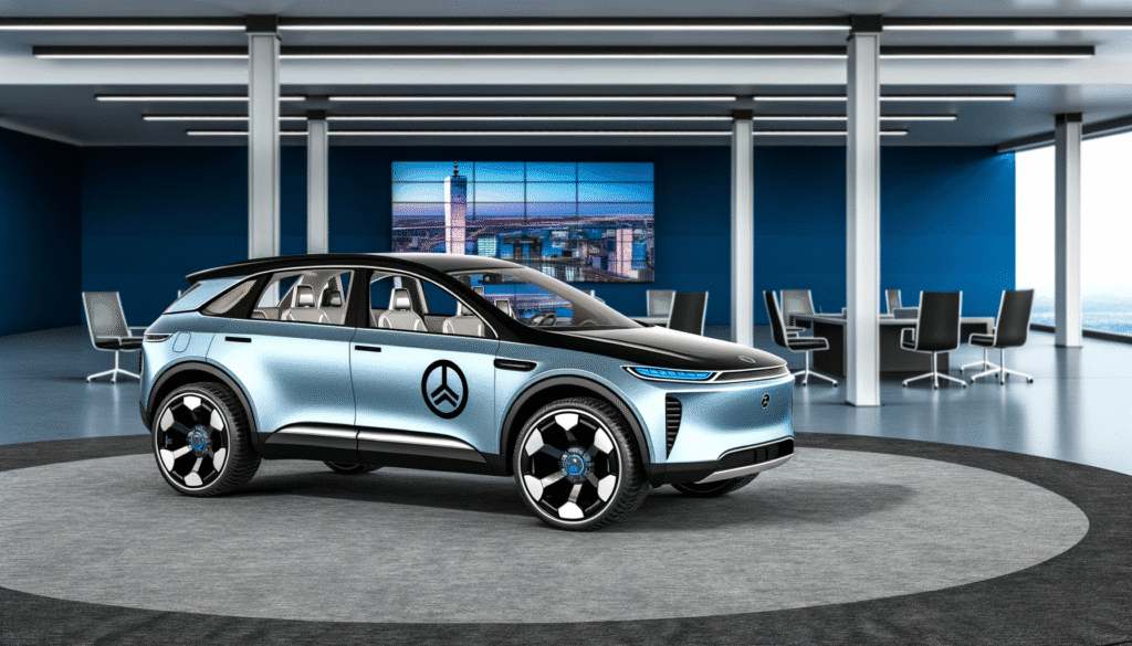 Futuristisk elbil i et moderne kontormiljø med bybillede i baggrunden