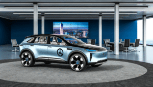 Futuristisk elbil i et moderne kontormiljø med bybillede i baggrunden