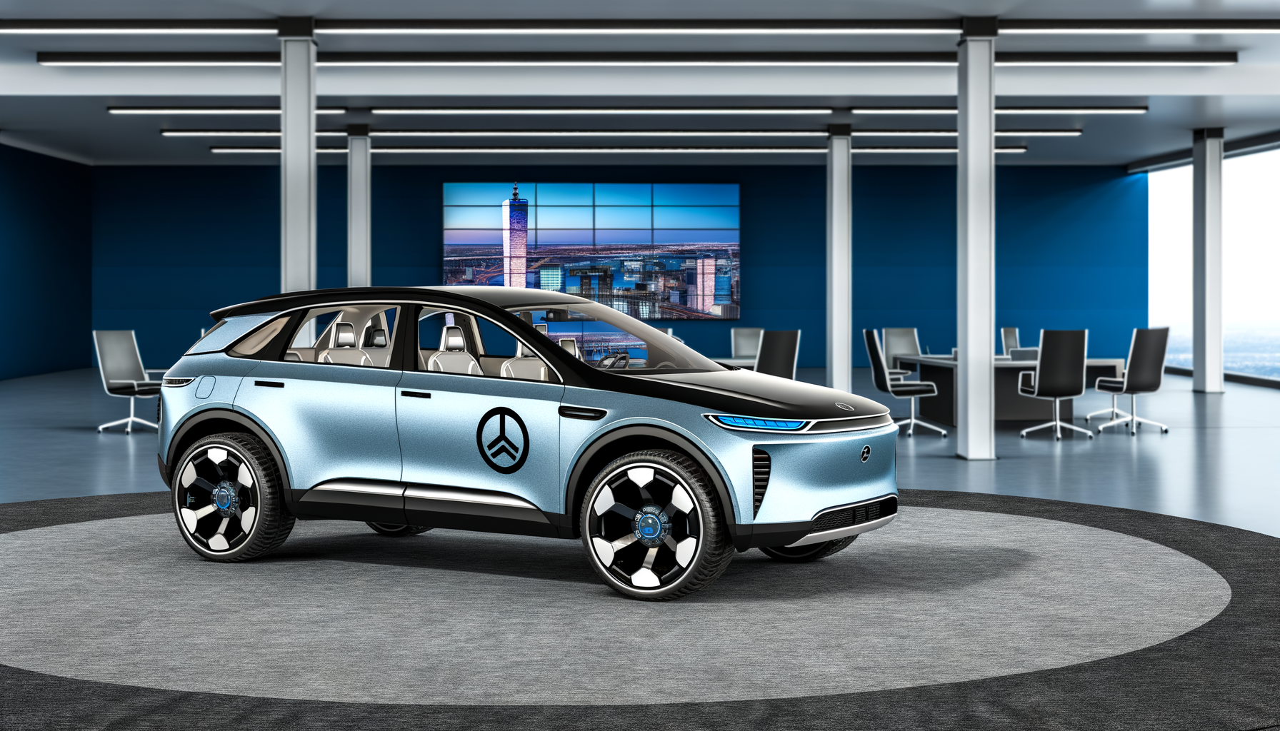 Futuristisk elbil i et moderne kontormiljø med bybillede i baggrunden
