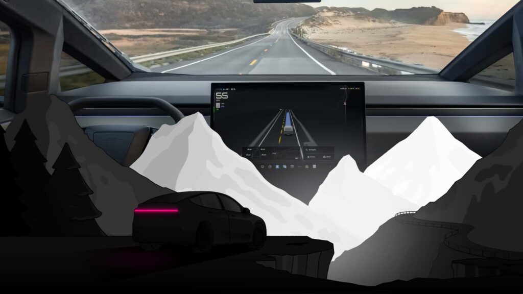 Tesla interiør med autopilot på en naturskøn vej med bjerge