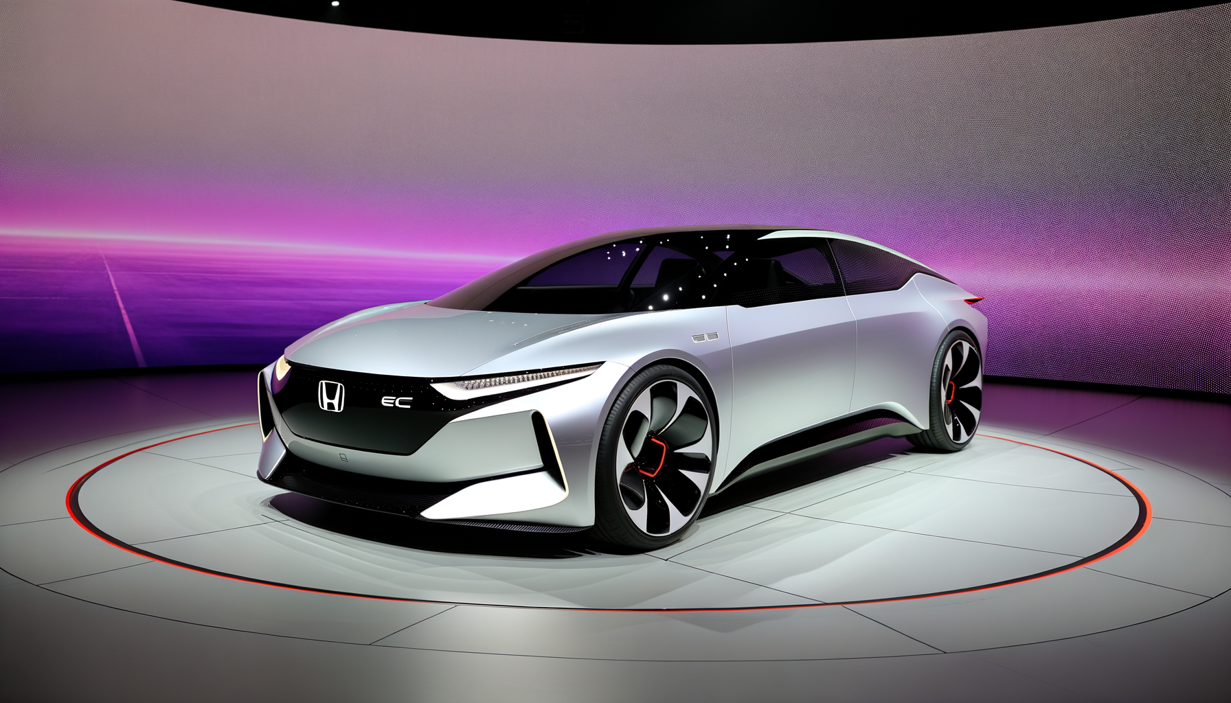 Futuristisk elbil præsenteret i moderne udstillingslokale med lilla baggrund