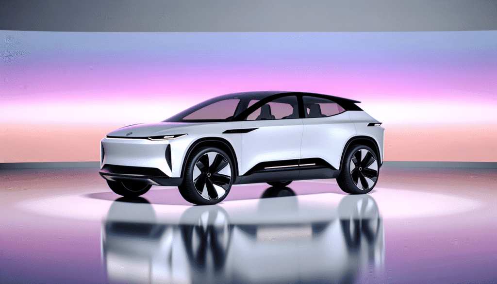 Futuristisk konceptbil med strømlinet design og moderne lysinstallationer præsenteret i en farverig studieopsætning