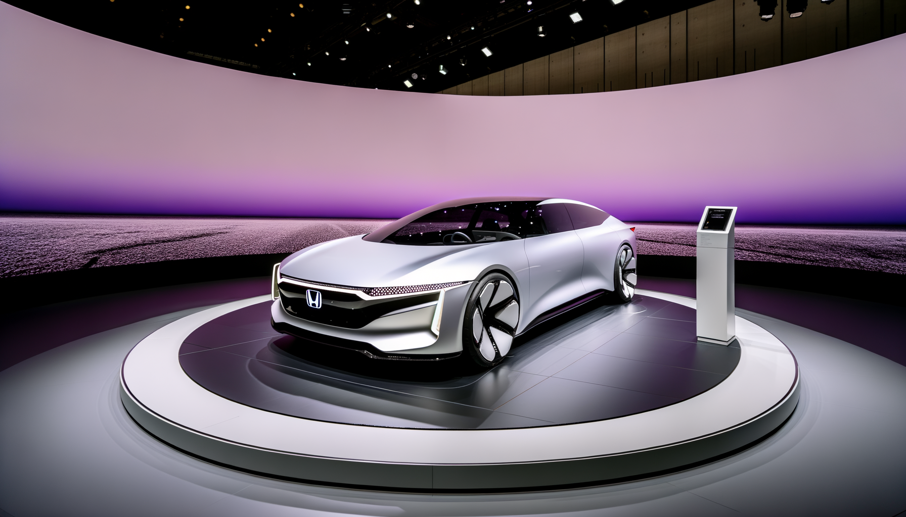 Moderne elektrisk bil udstillet under en futuristisk belysning