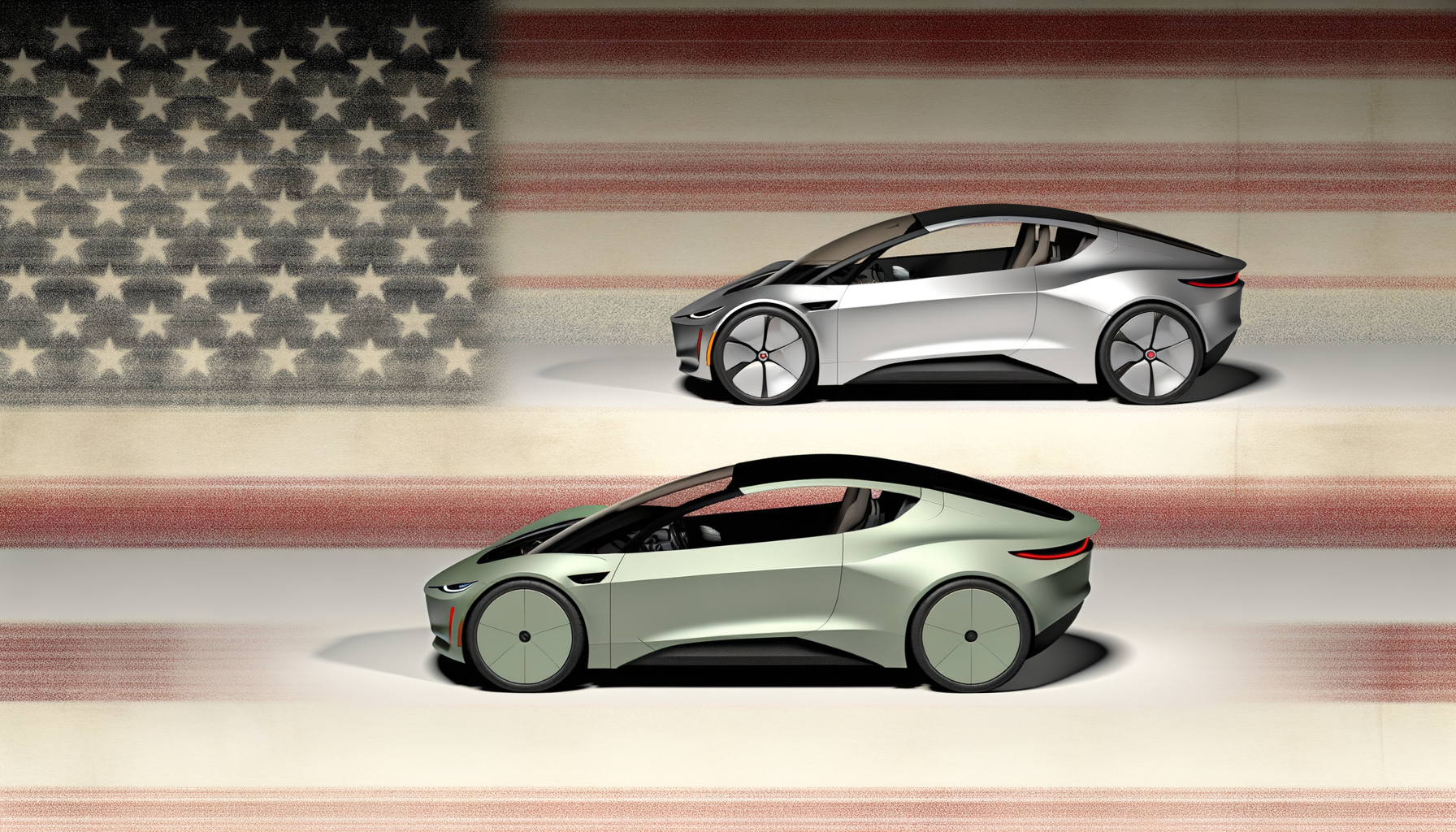 To futuristiske elbiler foran et amerikansk flag med moderne design.