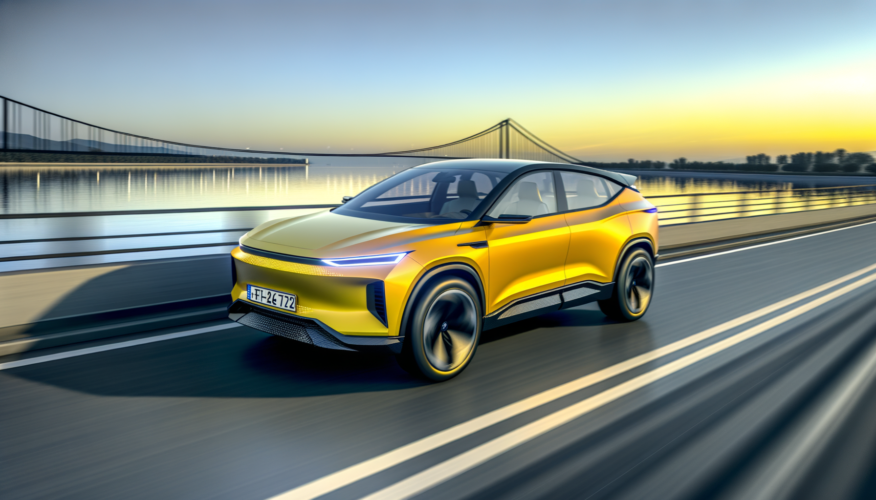 Gul elektrisk bil kører over en bro ved solnedgang