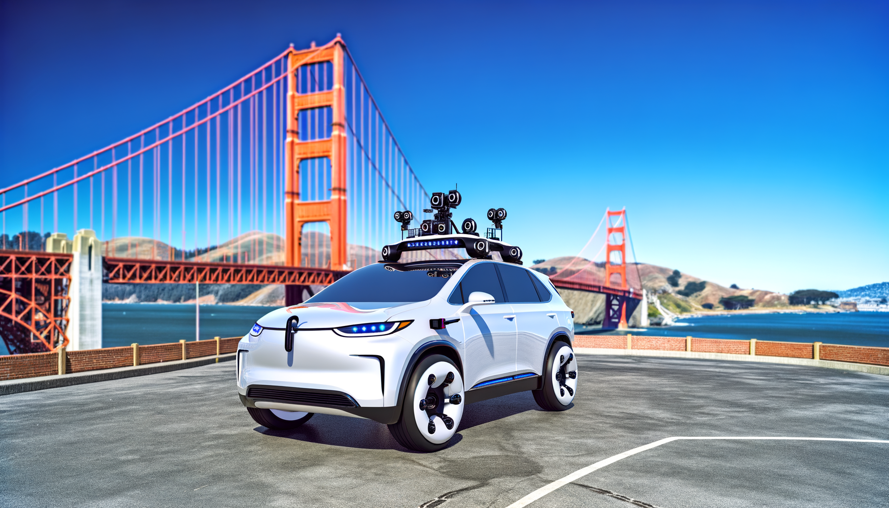 Selvkørende elbil nær Golden Gate Bridge i solskin