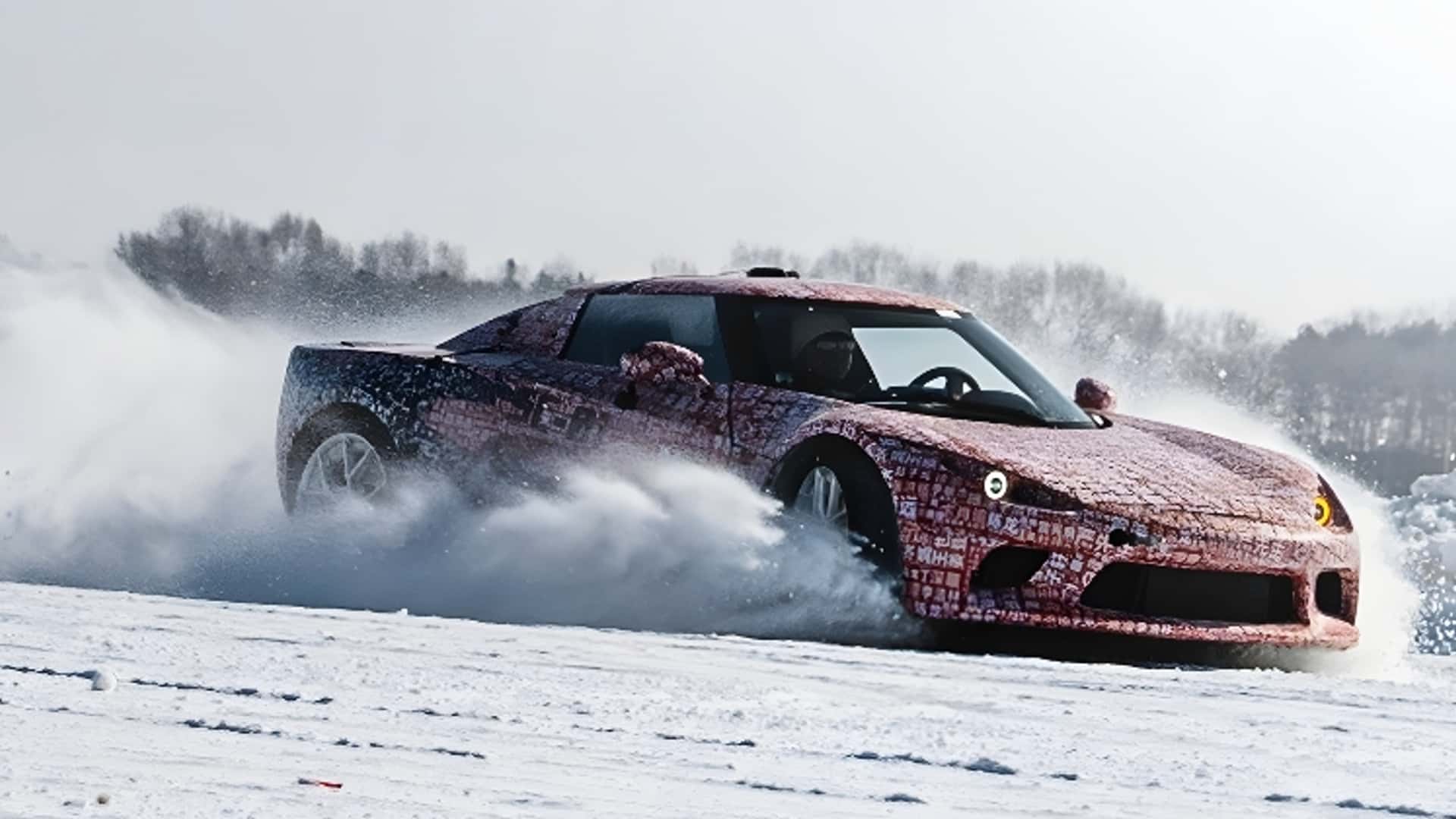 Elektrisk bil i høj fart på en snedækket vej