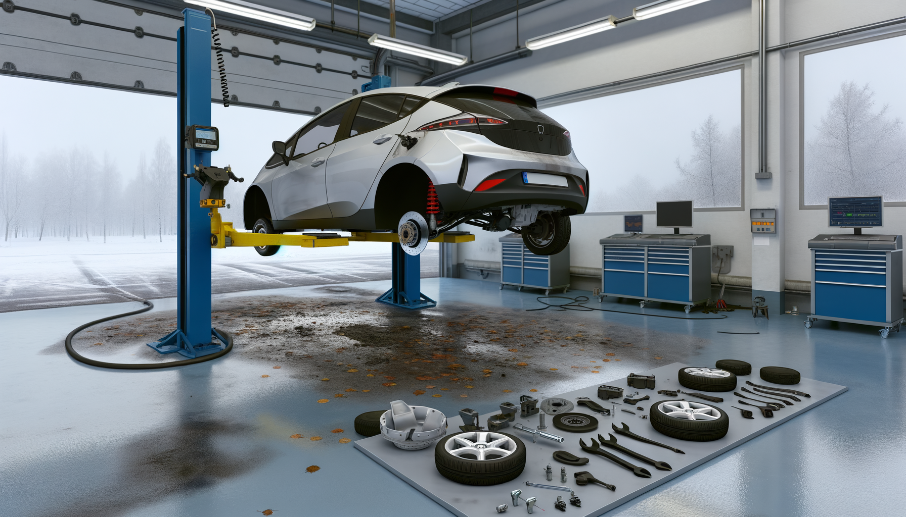 Elbil på værkstedslift med dele og værktøj lagt ud på gulvet i en moderne garage