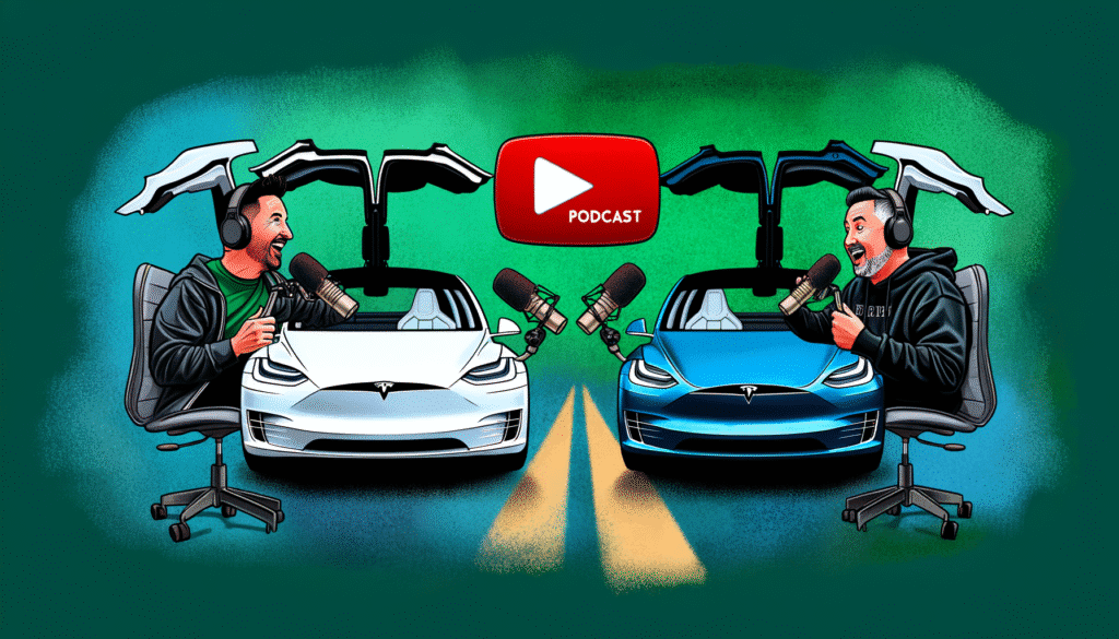 Illustration af to personer i dialog ved hjælp af mikrofoner foran to Tesla-biler, fordøre åbne som vinger, med podcast-ikon i baggrunden.