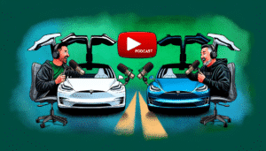 Illustration af to personer i dialog ved hjælp af mikrofoner foran to Tesla-biler, fordøre åbne som vinger, med podcast-ikon i baggrunden.