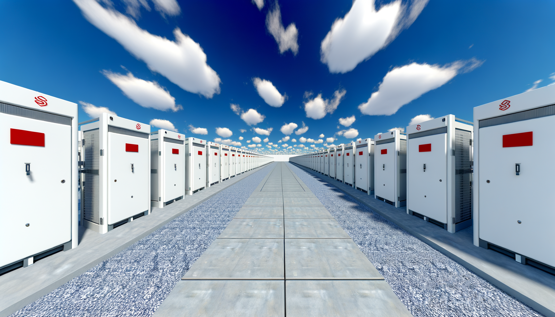 Tesla batteri-installation under blå himmel, et fremskridt inden for energilagringsteknologi