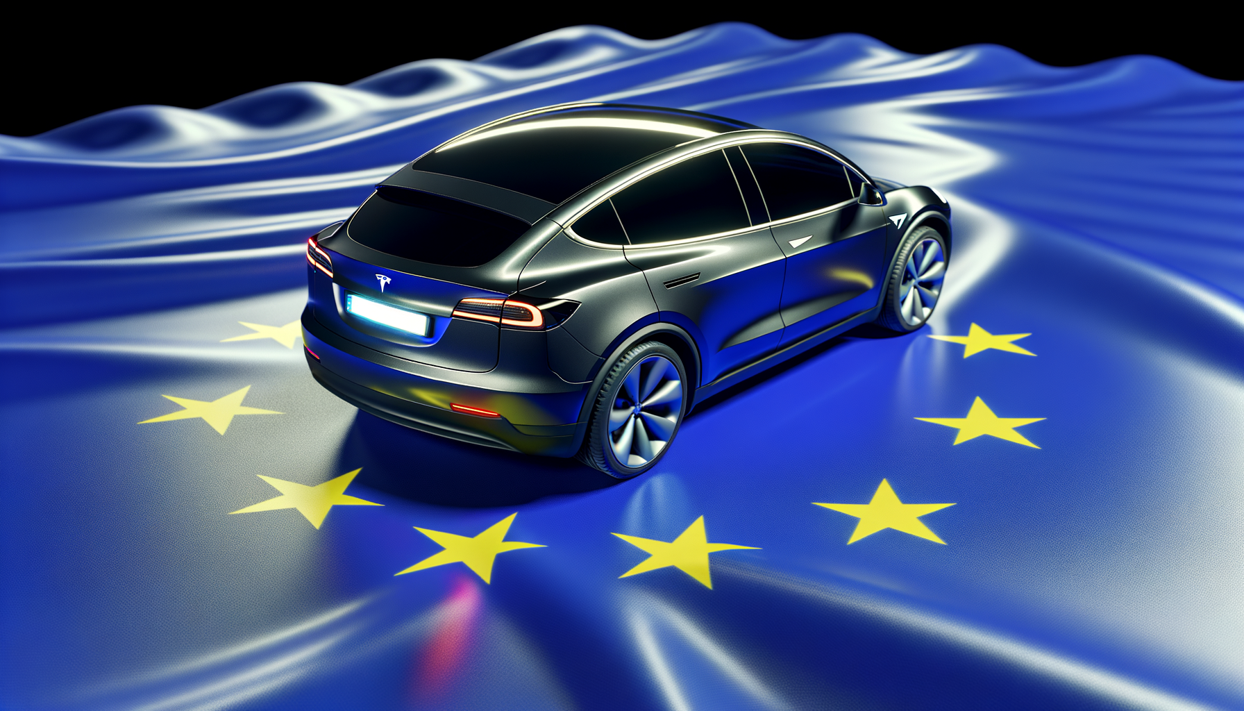 Tesla bil på EU-flaget, symboliserer elektrisk biltransport i Europa