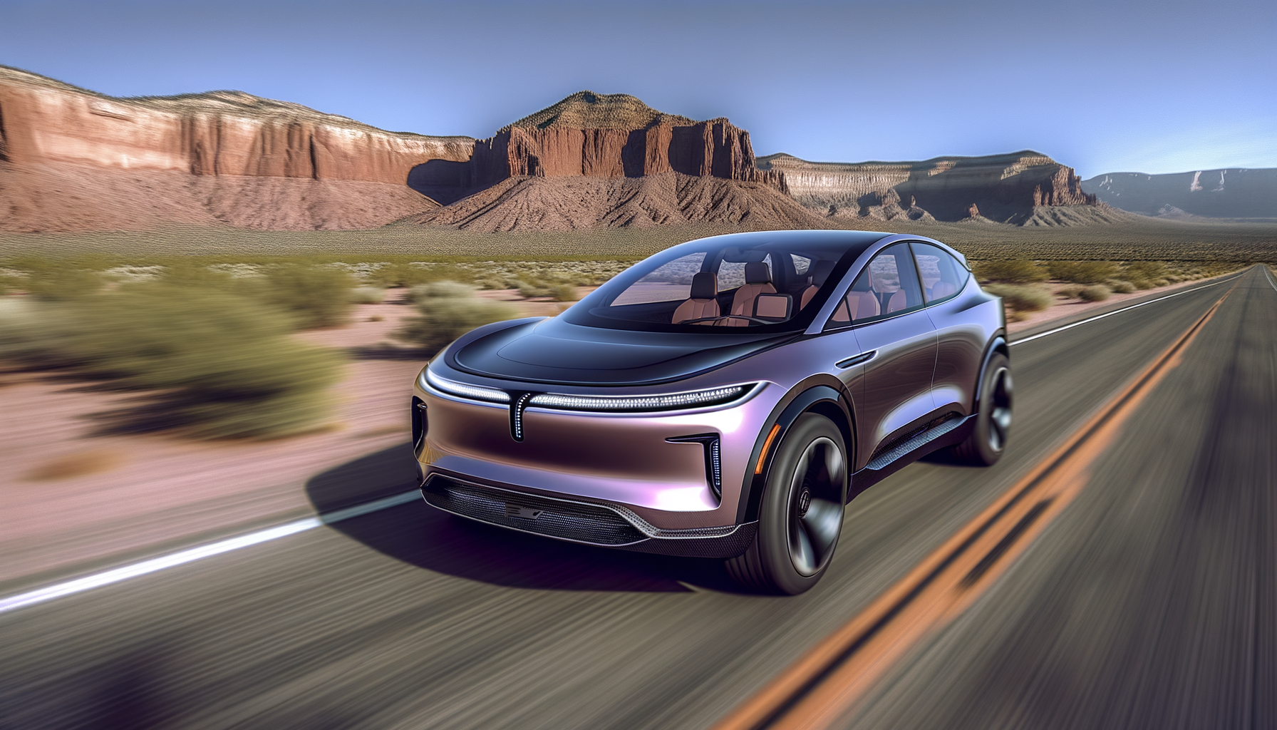 Futuristisk elbil kører i et ørkenlandskab med bjerge i baggrunden