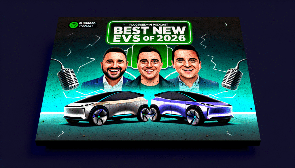 Plakat for 'Plugged-In Podcast' med titlen 'Best New EVs of 2026', viser to futuristiske elbiler og tre værter