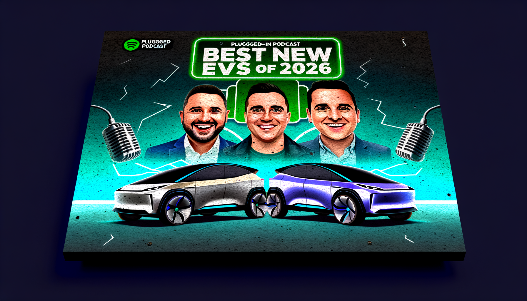 Plakat for 'Plugged-In Podcast' med titlen 'Best New EVs of 2026', viser to futuristiske elbiler og tre værter