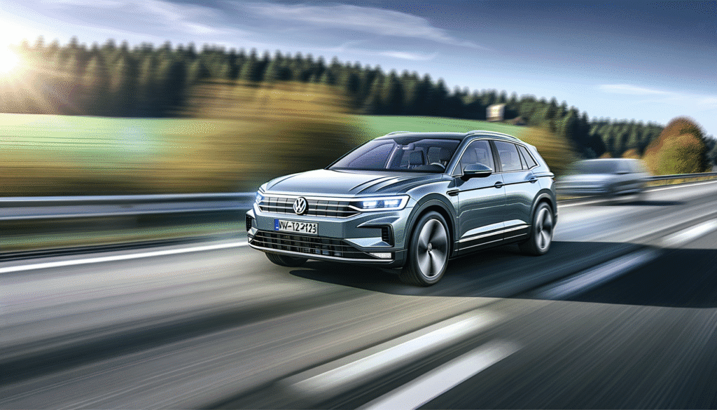 Elektrisk SUV kører på motorvej med skov i baggrunden