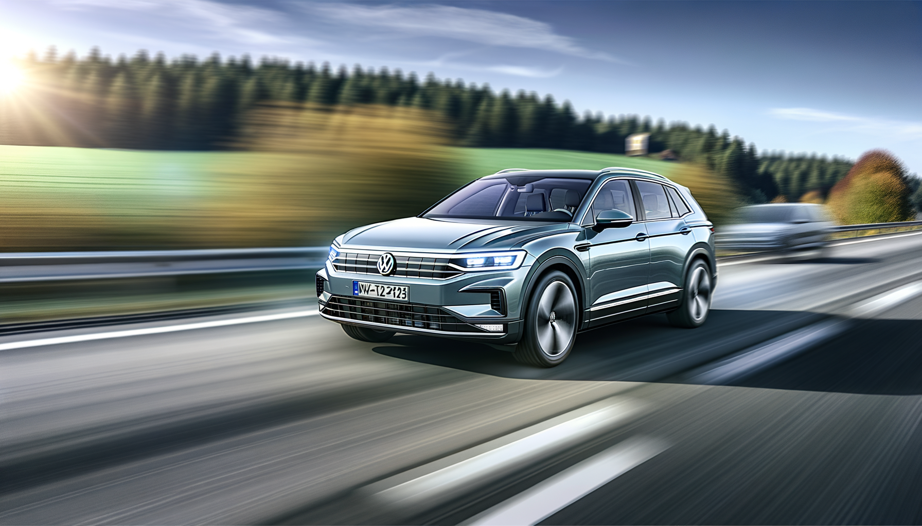 Elektrisk SUV kører på motorvej med skov i baggrunden