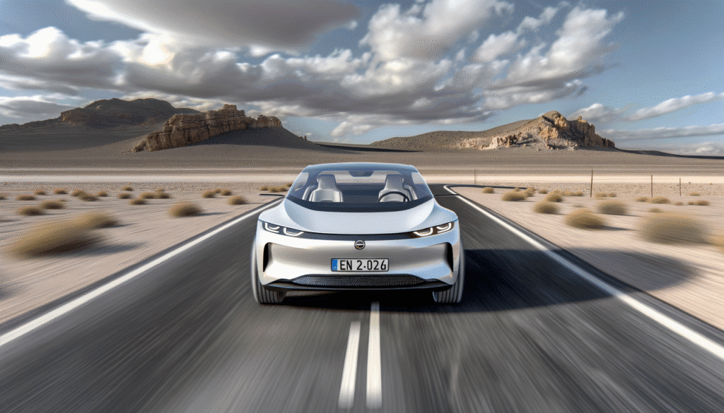 Elektrisk bil kører gennem ørkenlandskab med bjerge i baggrunden