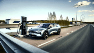 Elektrisk bil lader ved en ladestation på en naturskøn vej