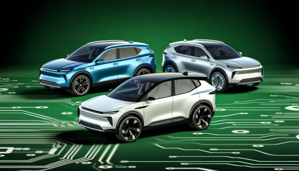Tre futuristiske elbiler på en baggrund af et grønt printkort design