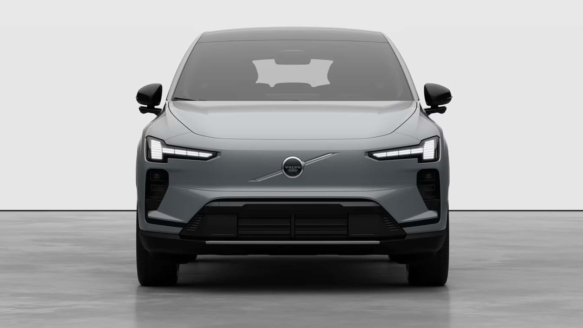 Forfra af sølvgrå elbil i minimalistisk design