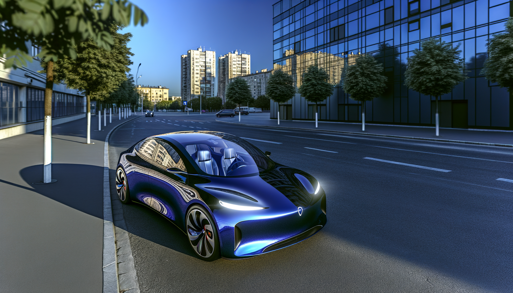 Tesla konceptbil parkeret ved en moderne bygning i bymiljø