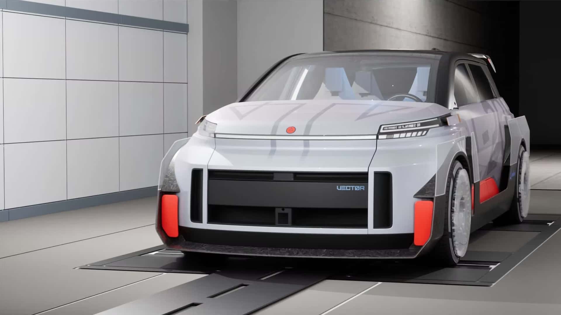 Futuristisk koncept elbil med unikt design i garage