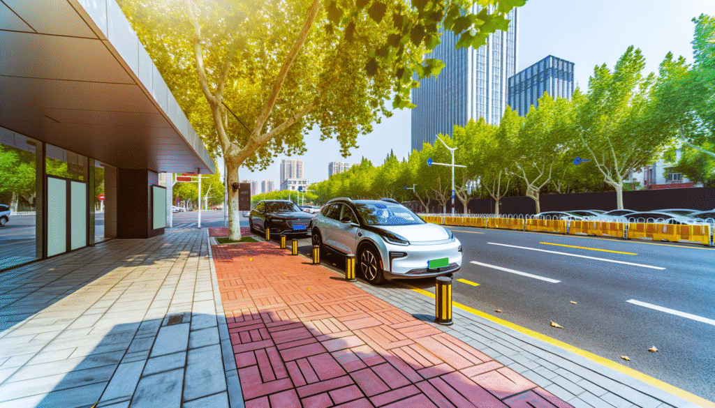 To elektriske biler parkeret langs en byvej omkranset af træer og moderne bygninger