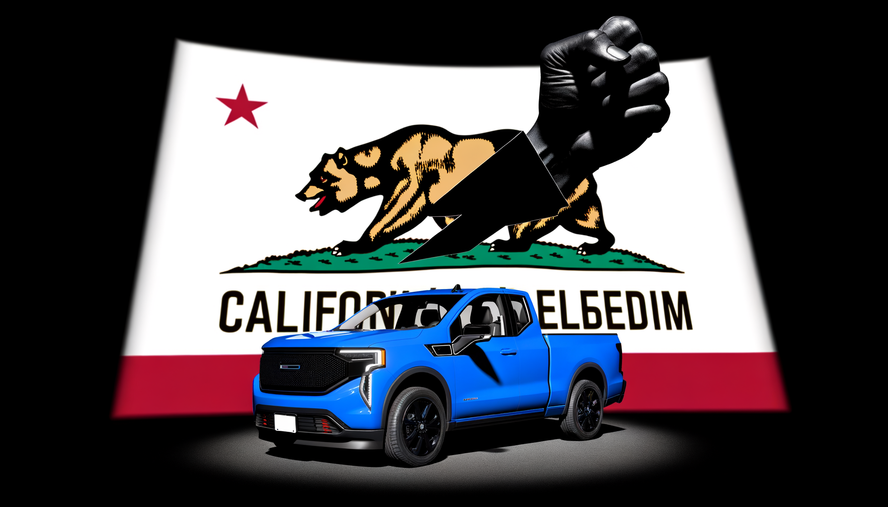 Blå elektrisk pickup foran det californiske flag