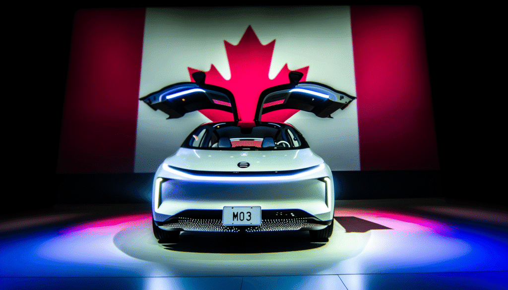 Elektrisk bil med døre i falkevinge-stil foran canadisk flag