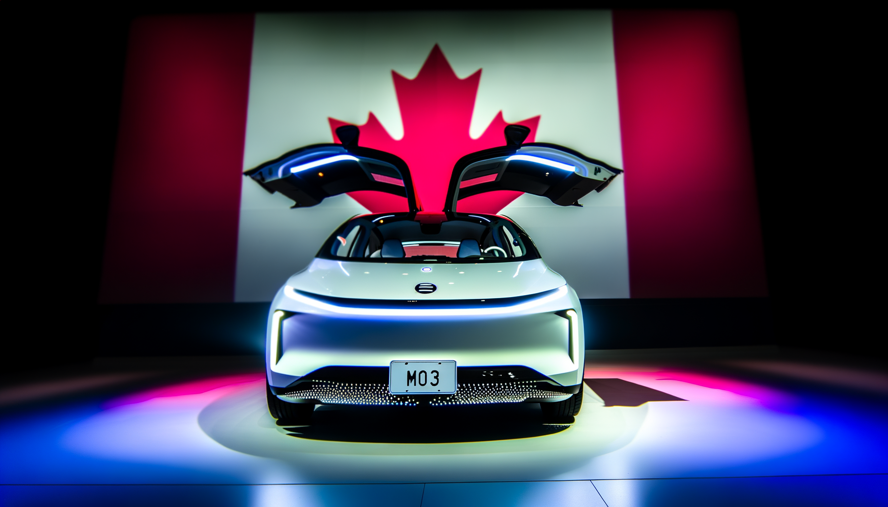 Elektrisk bil med døre i falkevinge-stil foran canadisk flag