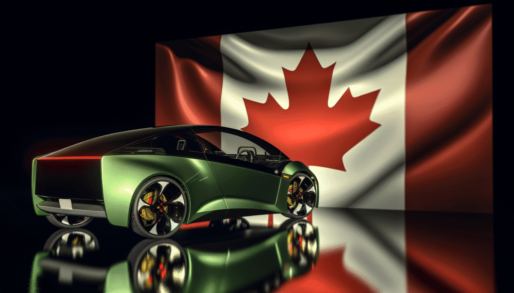 Futuristisk elbil foran et canadisk flag, symboliserer innovation og elektriske køretøjer