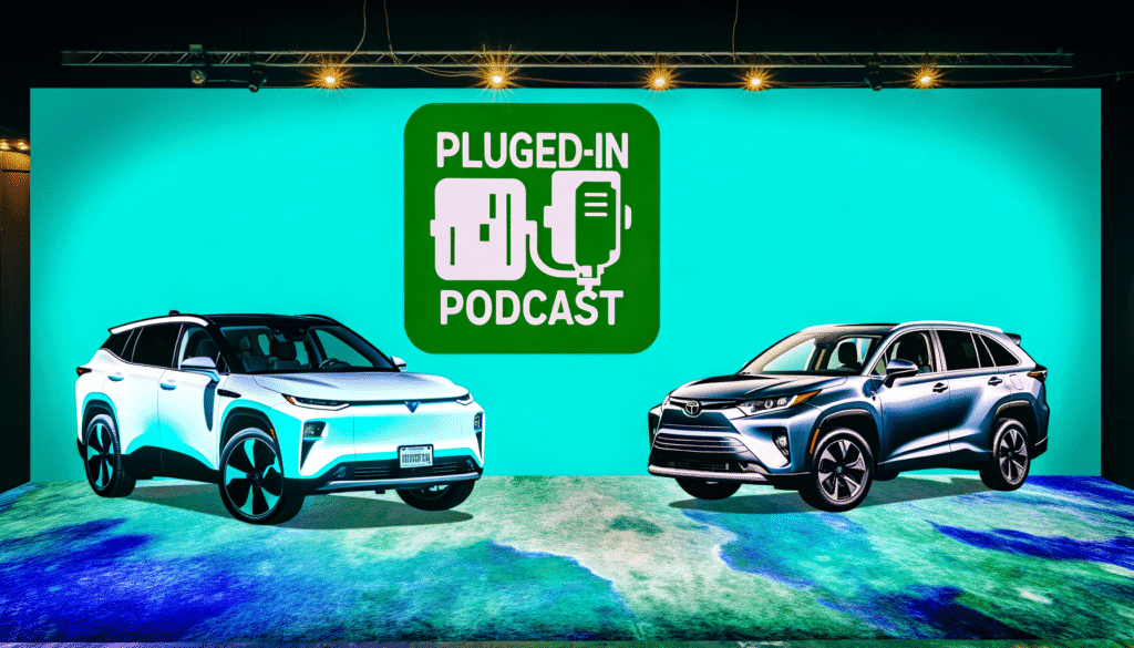 To elektriske SUV'er foran et Plugged-In Podcast-baggrundsdæksel