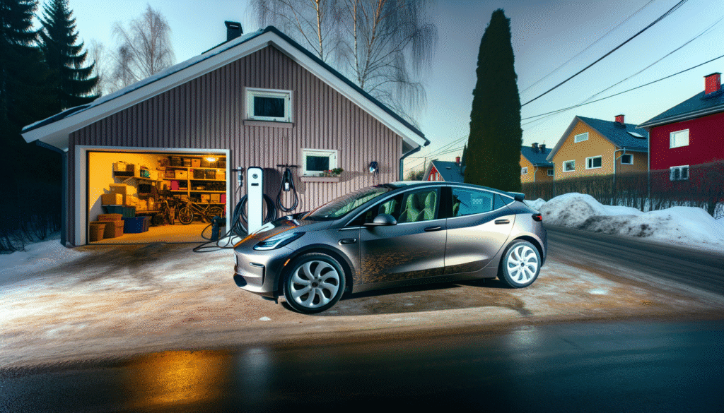 Tesla elbil lader i en sneklædt indkørsel ved siden af et moderne hus