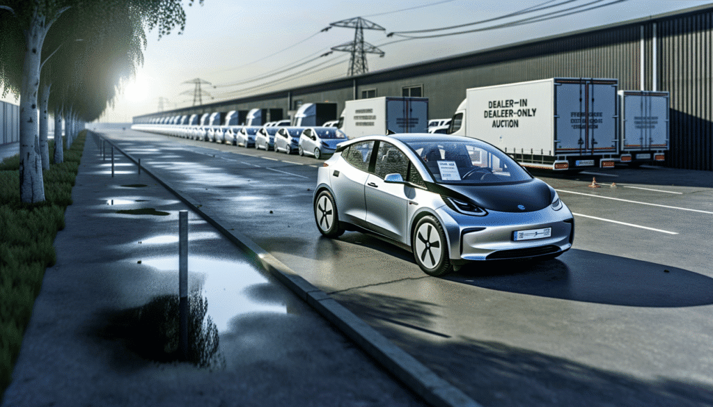 Futuristisk elbil parkeret ved fabrikken med række af andre elbiler i baggrunden